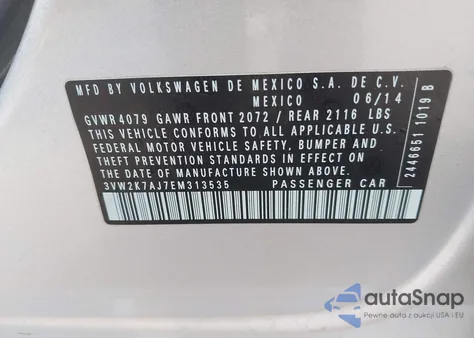 2014 Volkswagen Jetta 2.0L S из США, поврежденный, VIN 3VW2K7AJ7EM313535